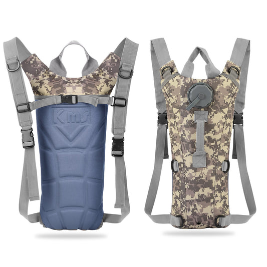 Two hydration backpacks shown from the front on a clean white background: one in blue with gray straps and one in digital camouflage with gray straps. Both have a visible K20 brand mark on the front.