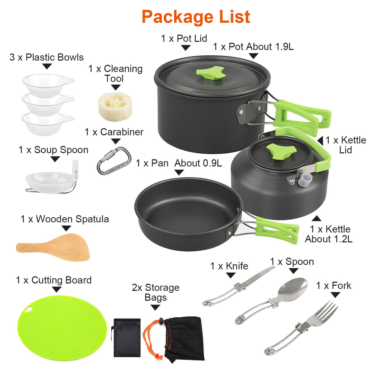List of camping cookware and utensils with corresponding quantities and descriptions.