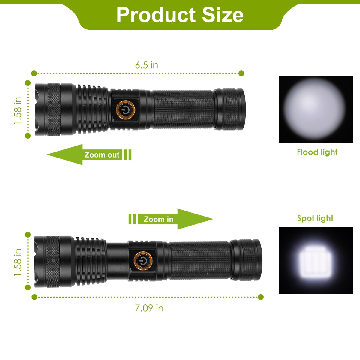 Flashlight size and zoom comparison diagram showing length measurements and beam modes