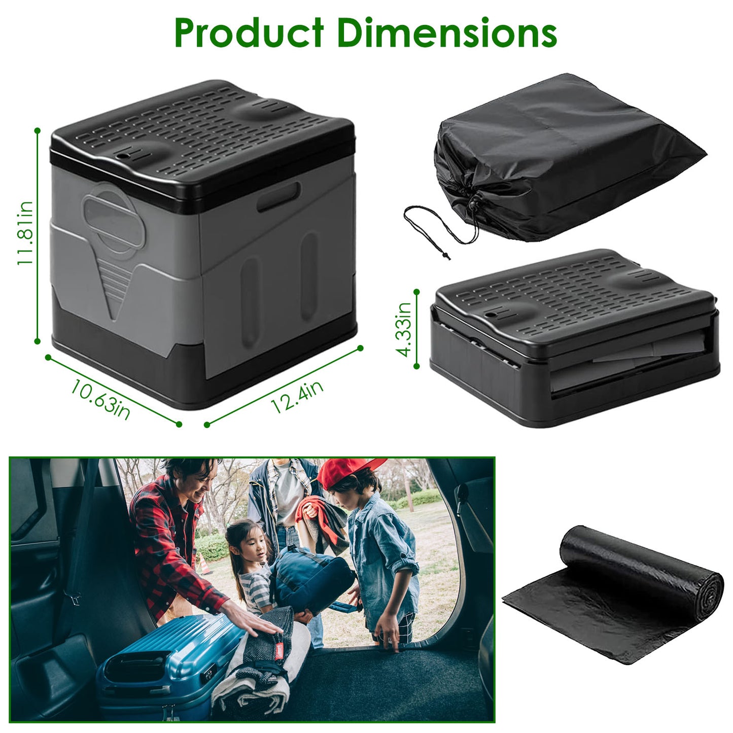 Product dimensions of a black storage box, mat, and step stool with family using car seat in background.