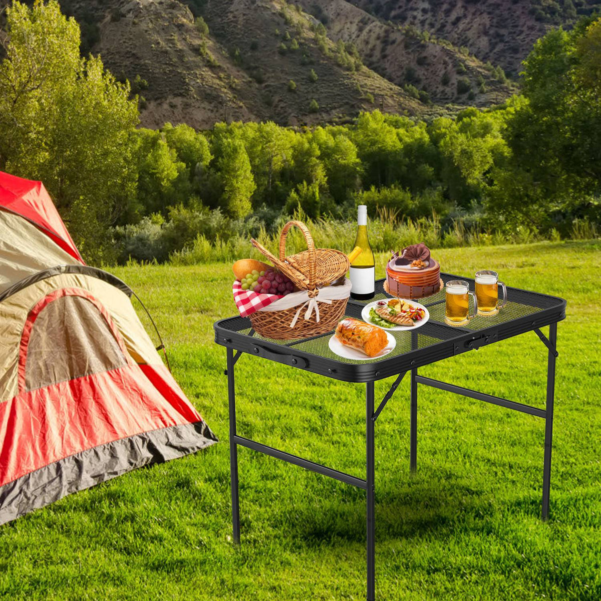 Adjustable Folding Camping Table with Mesh Top