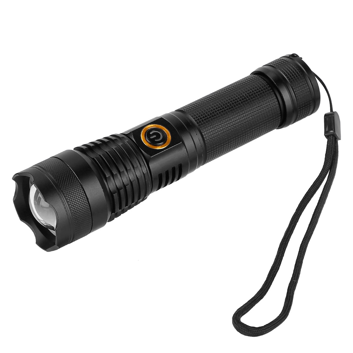 Flashlight kit components arranged on white background with battery and charging cable