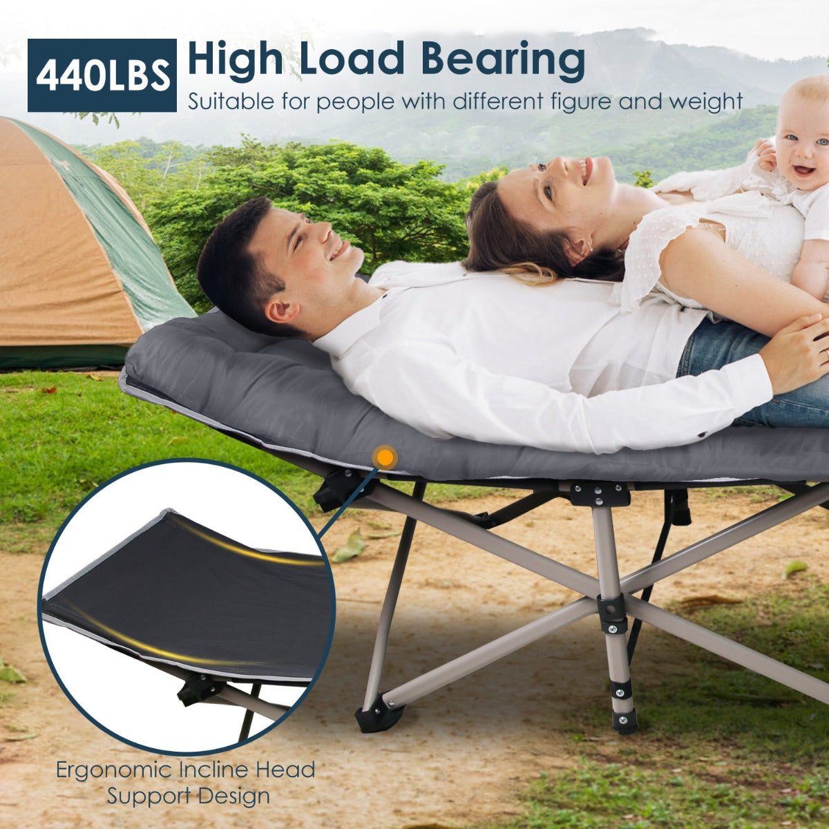 Couple lying on a camping cot with a baby, surrounded by nature.