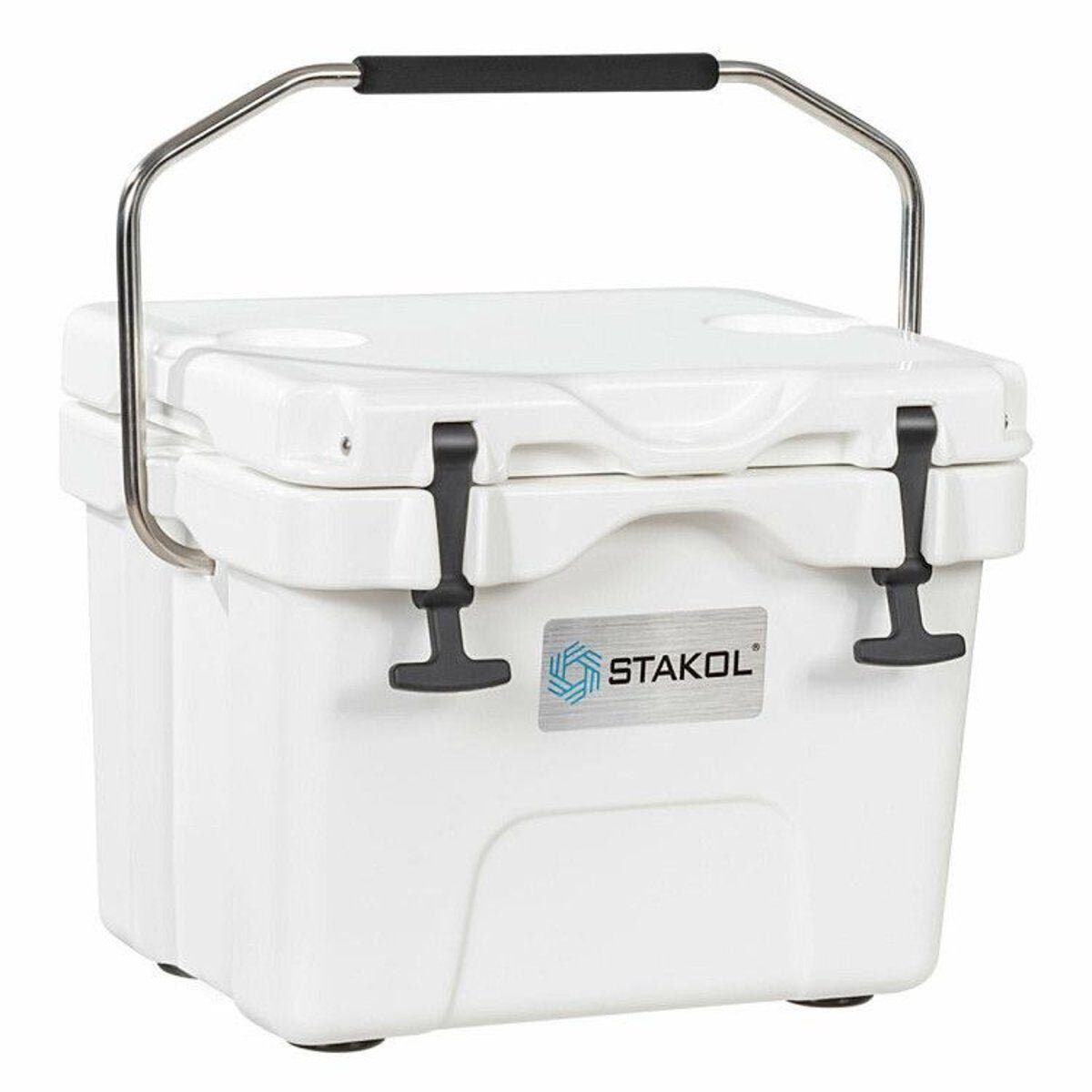 16 Quart Portable Ice Cooler with 24-Can Capacity and Dual Cup Holders — white, coolers, angled view