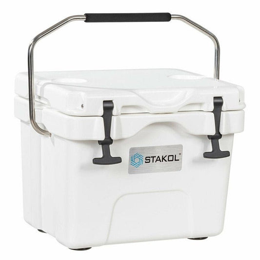 16 Quart Portable Ice Cooler with 24-Can Capacity and Dual Cup Holders — white, coolers, angled view