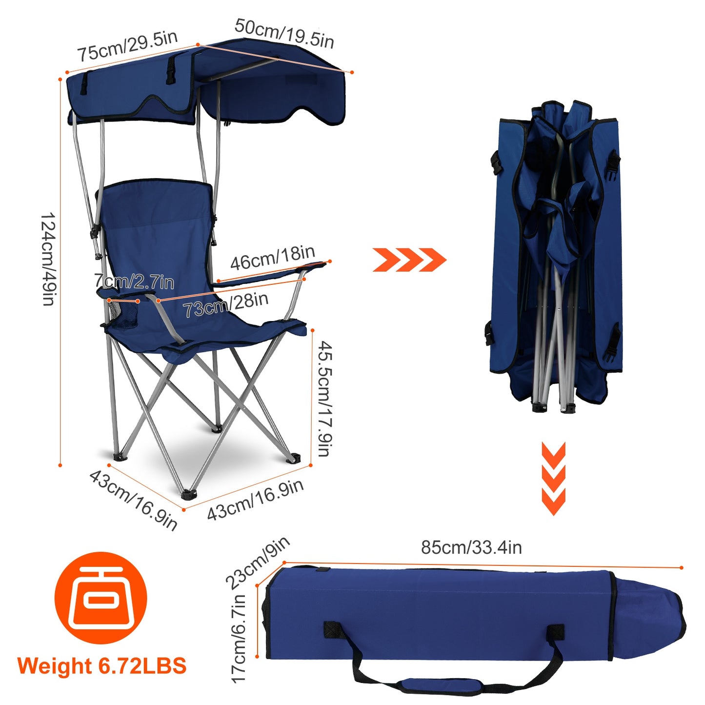 Navy Blue Foldable Canopy Camping Chair with Cup Holder