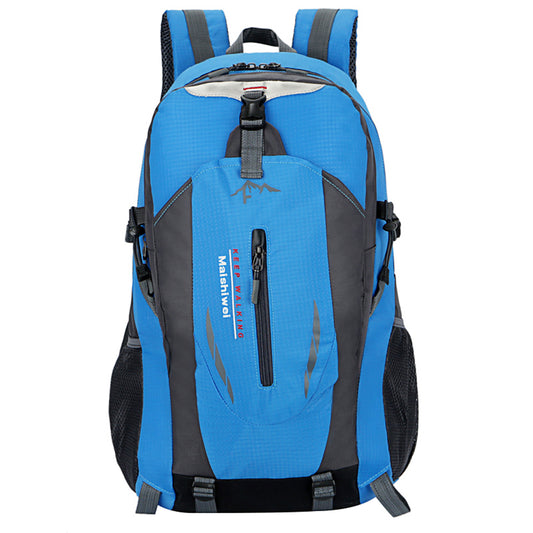 A blue and gray outdoor backpack with multiple compartments, side mesh pockets, and a top carrying handle, shown on a plain white background.