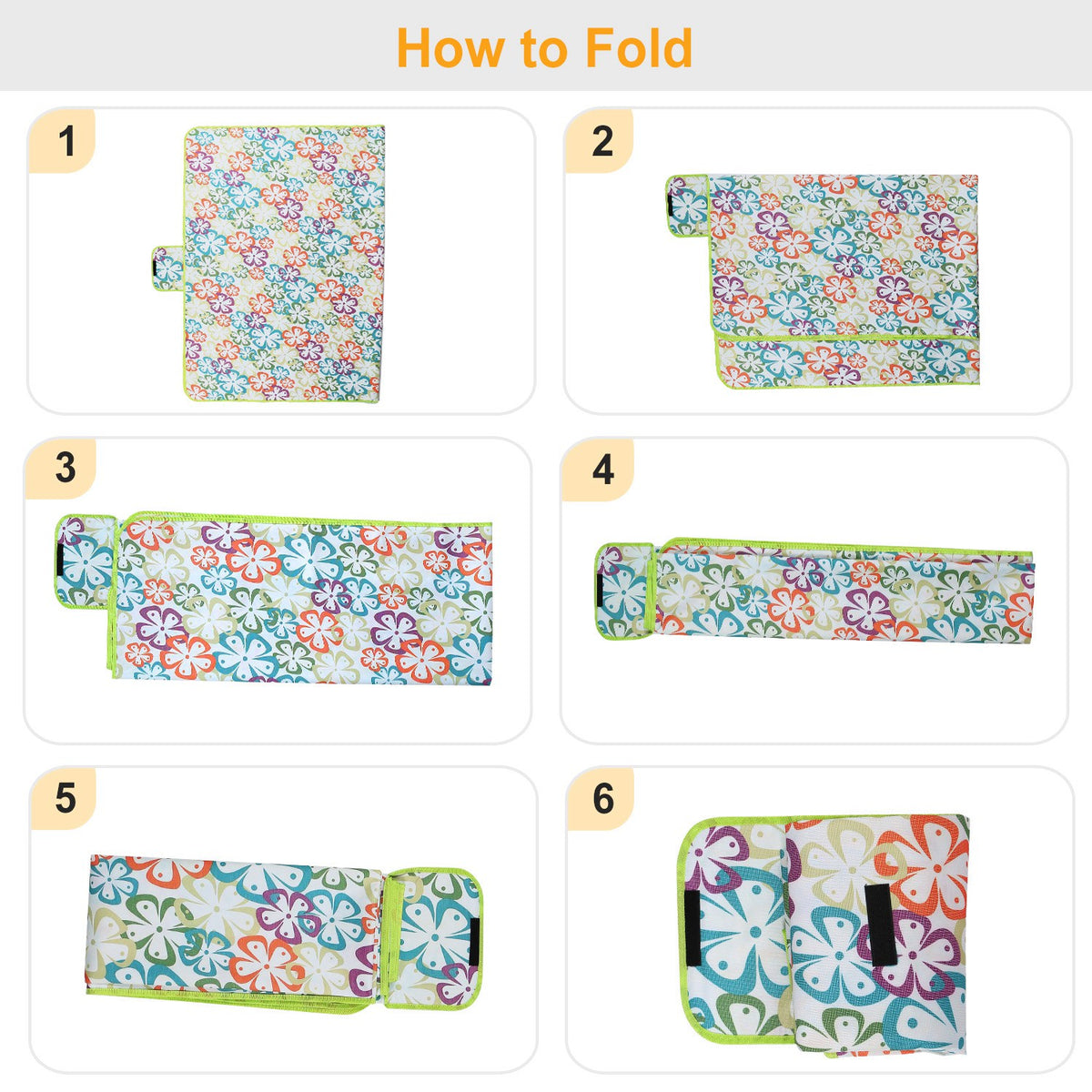 Step-by-step guide on how to fold a floral-patterned product with numbered instructions.