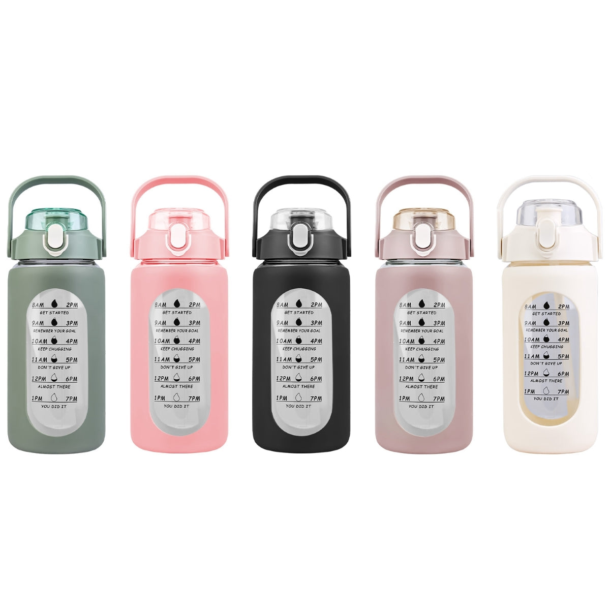 Five water bottles in different colors shown upright on white background