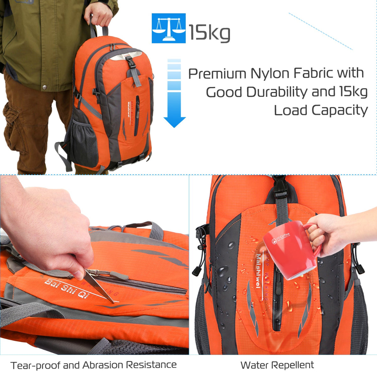Orange and gray backpack with durability and capacity features highlighted
