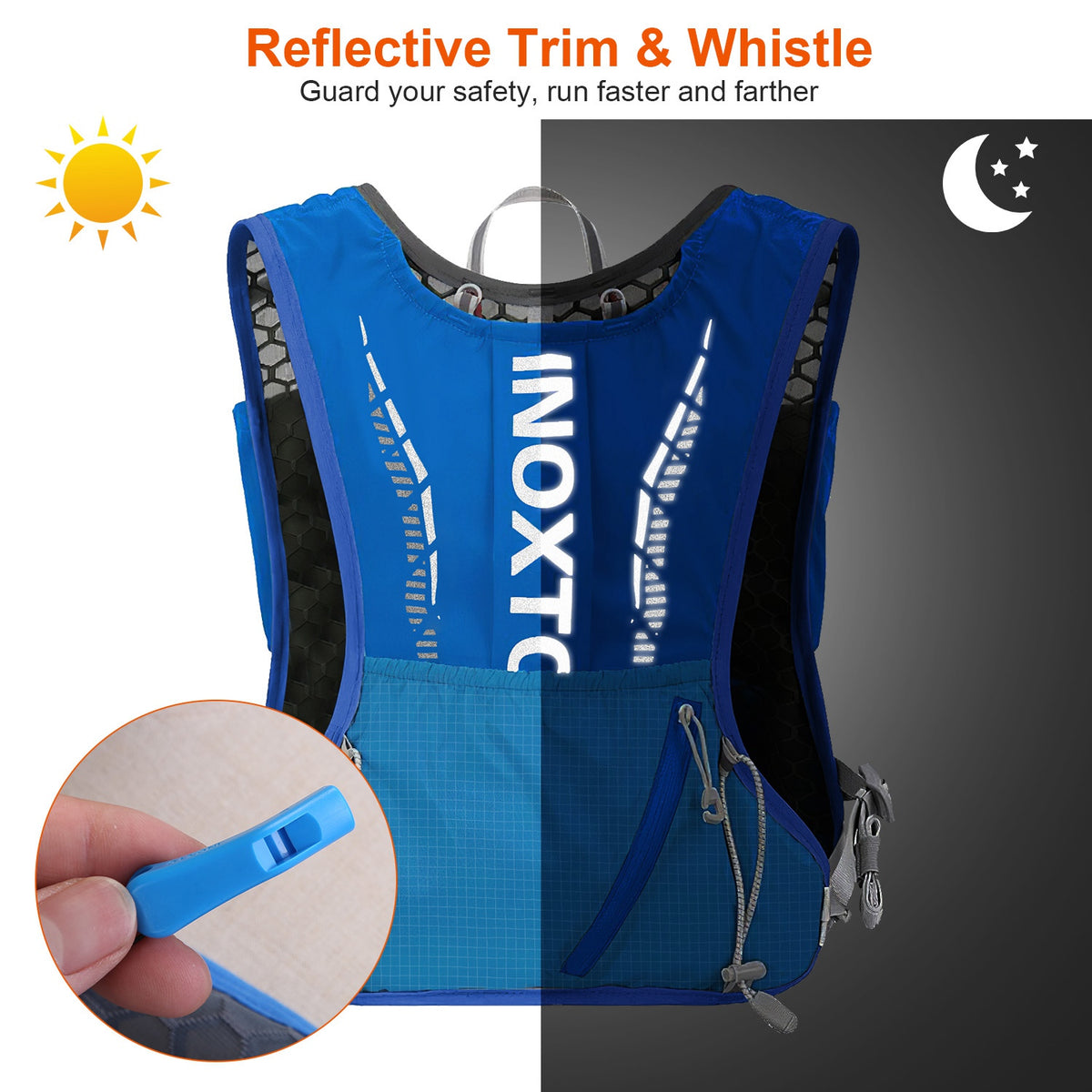 Blue running vest with reflective trim and whistle feature, featuring INOXTRON branding.