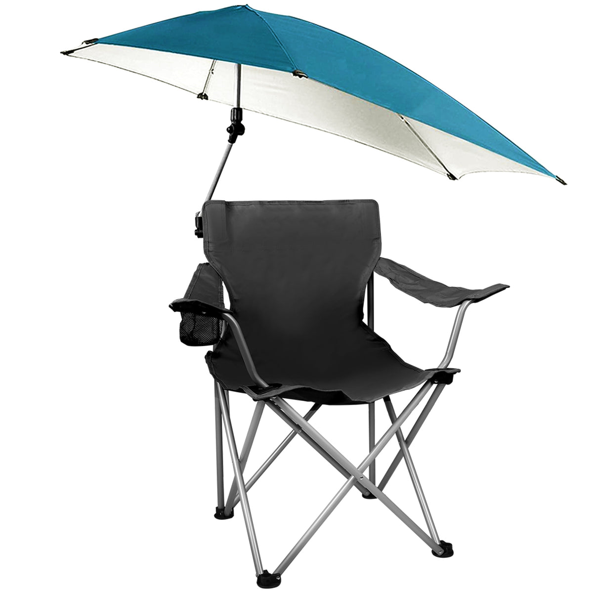Black folding chair with a blue and white umbrella attached on a white background