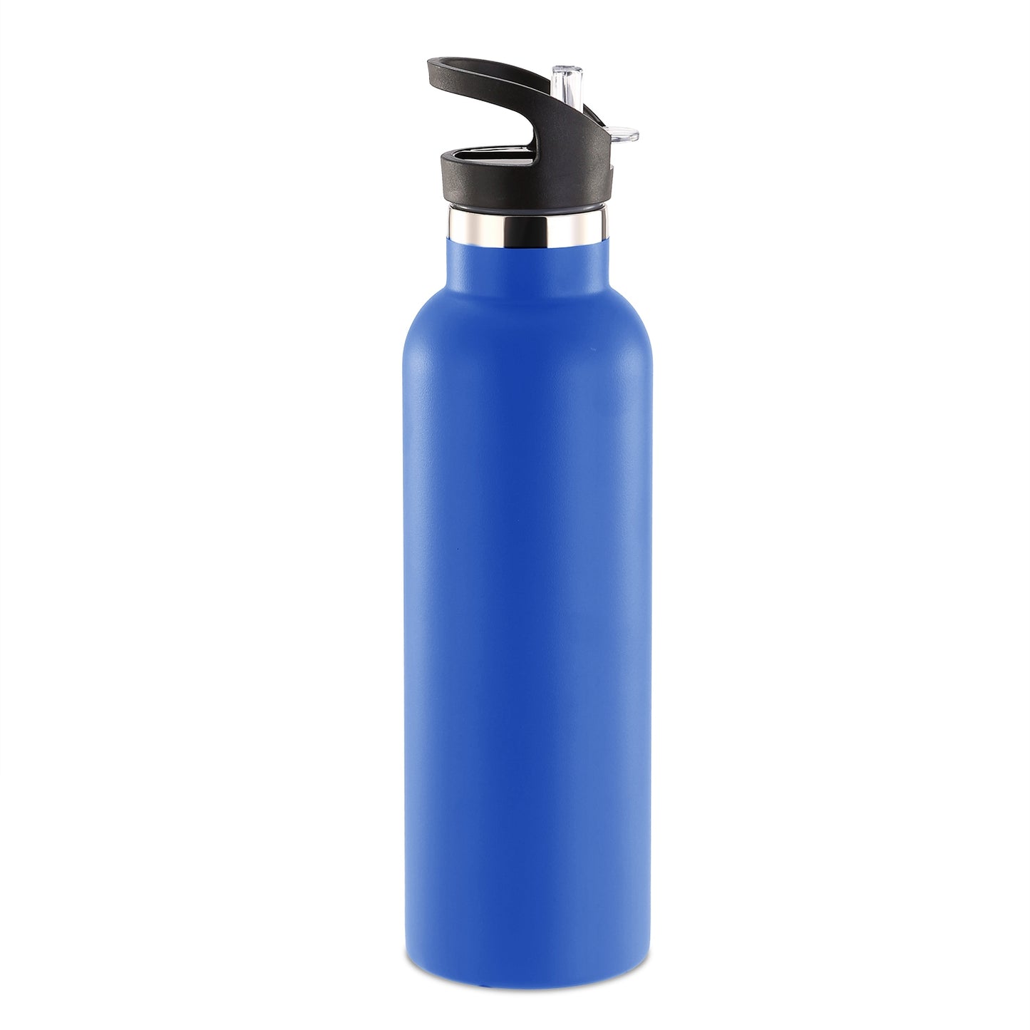 Blue water bottle with black cap on a white background