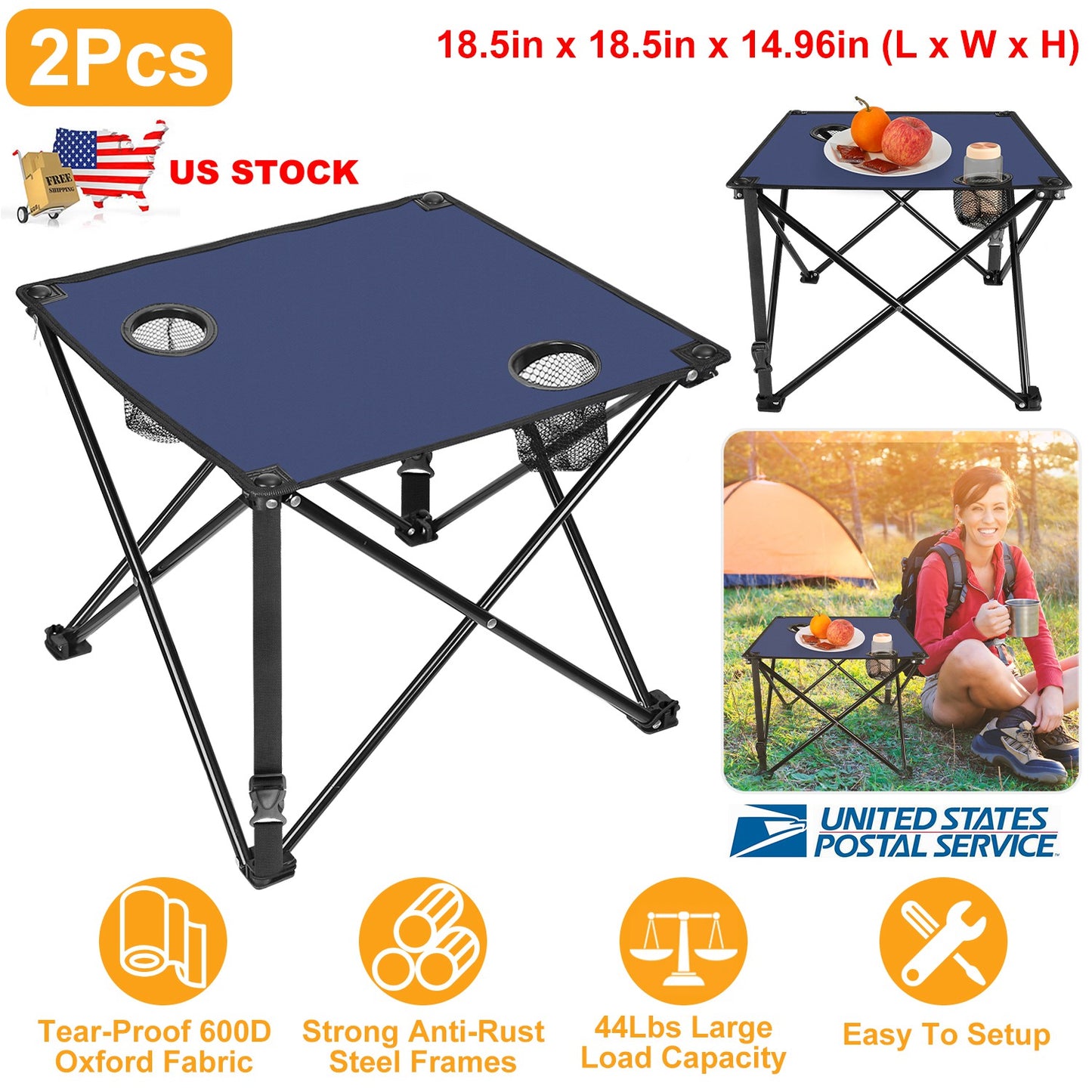 Lake Forest Navy Blue Portable Folding Camping Table with 2 Cup Holders