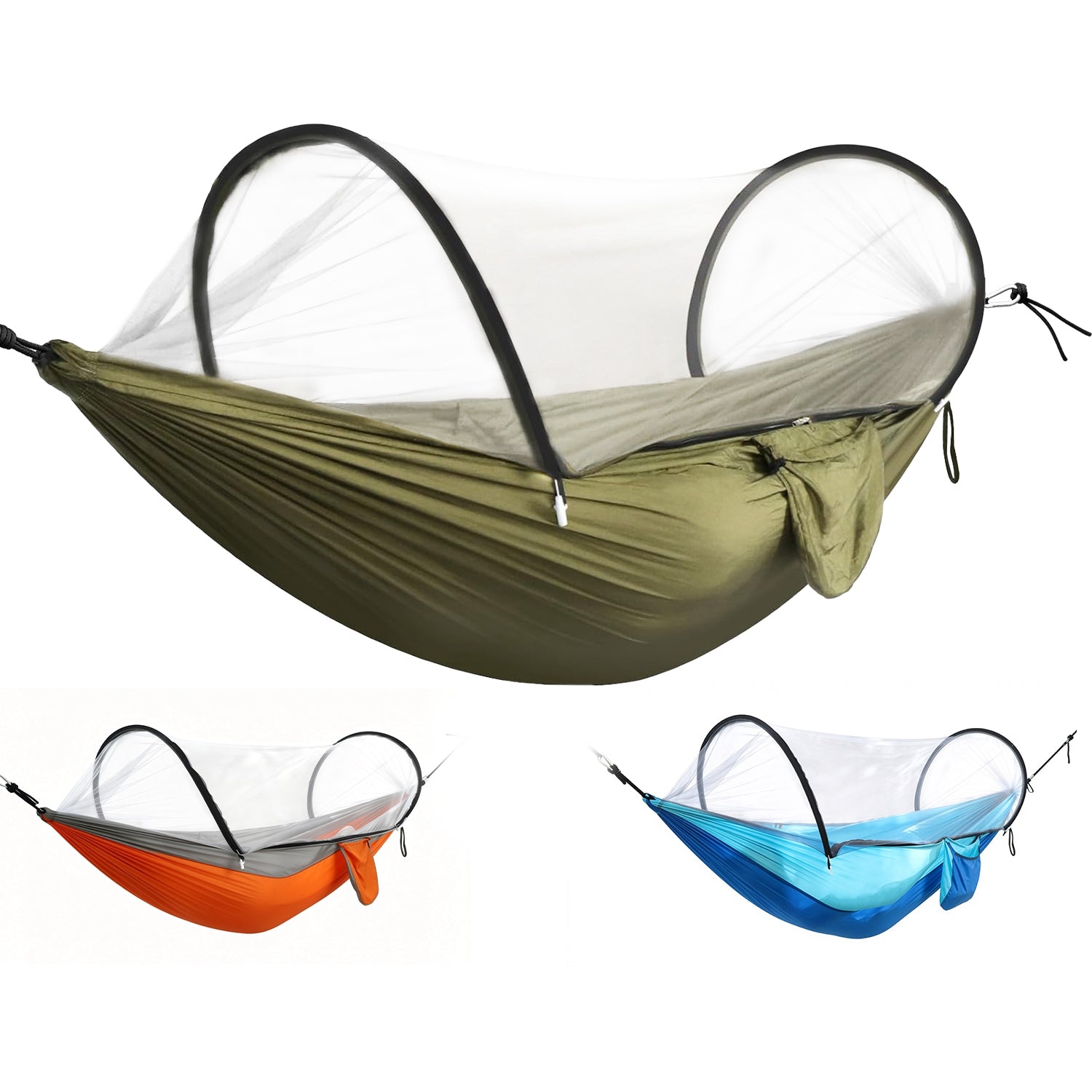 Three camping hammocks in green, orange, and blue with mosquito netting on a white background.