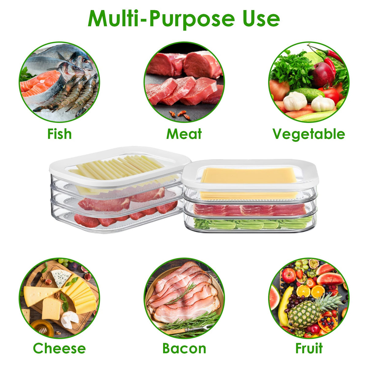 Food storage containers with images of various food items on a white background