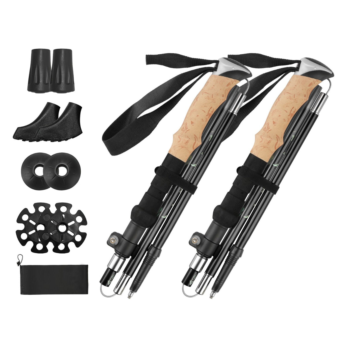 Pair of black hiking poles with accessories on a white background