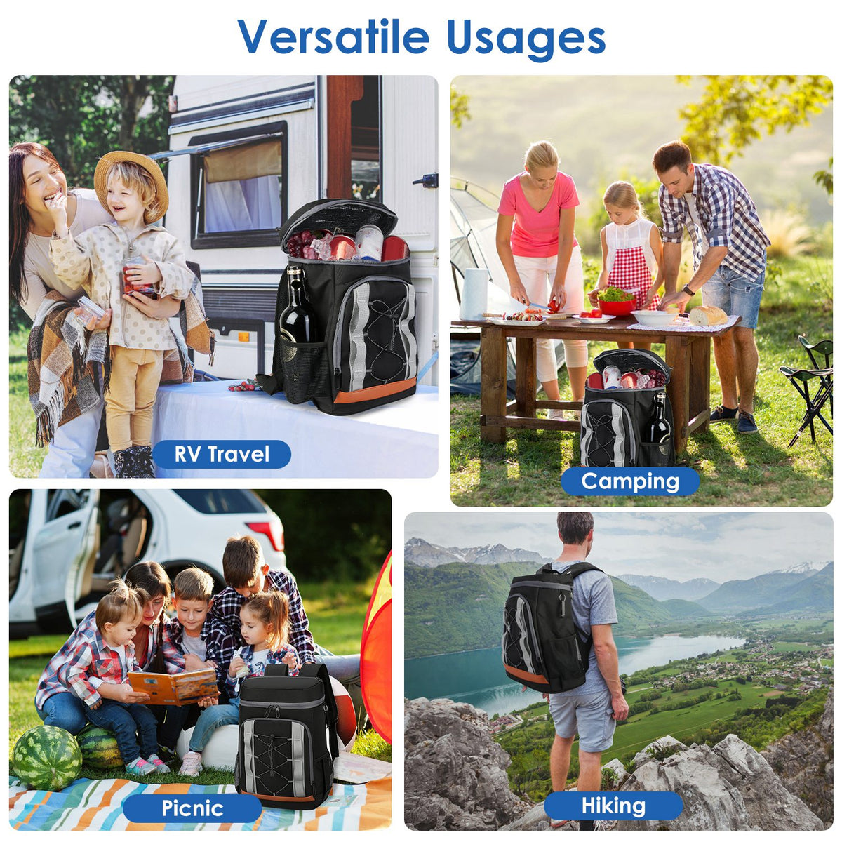 Collage of a black backpack with compartments used for RV travel, camping, picnic, and hiking.