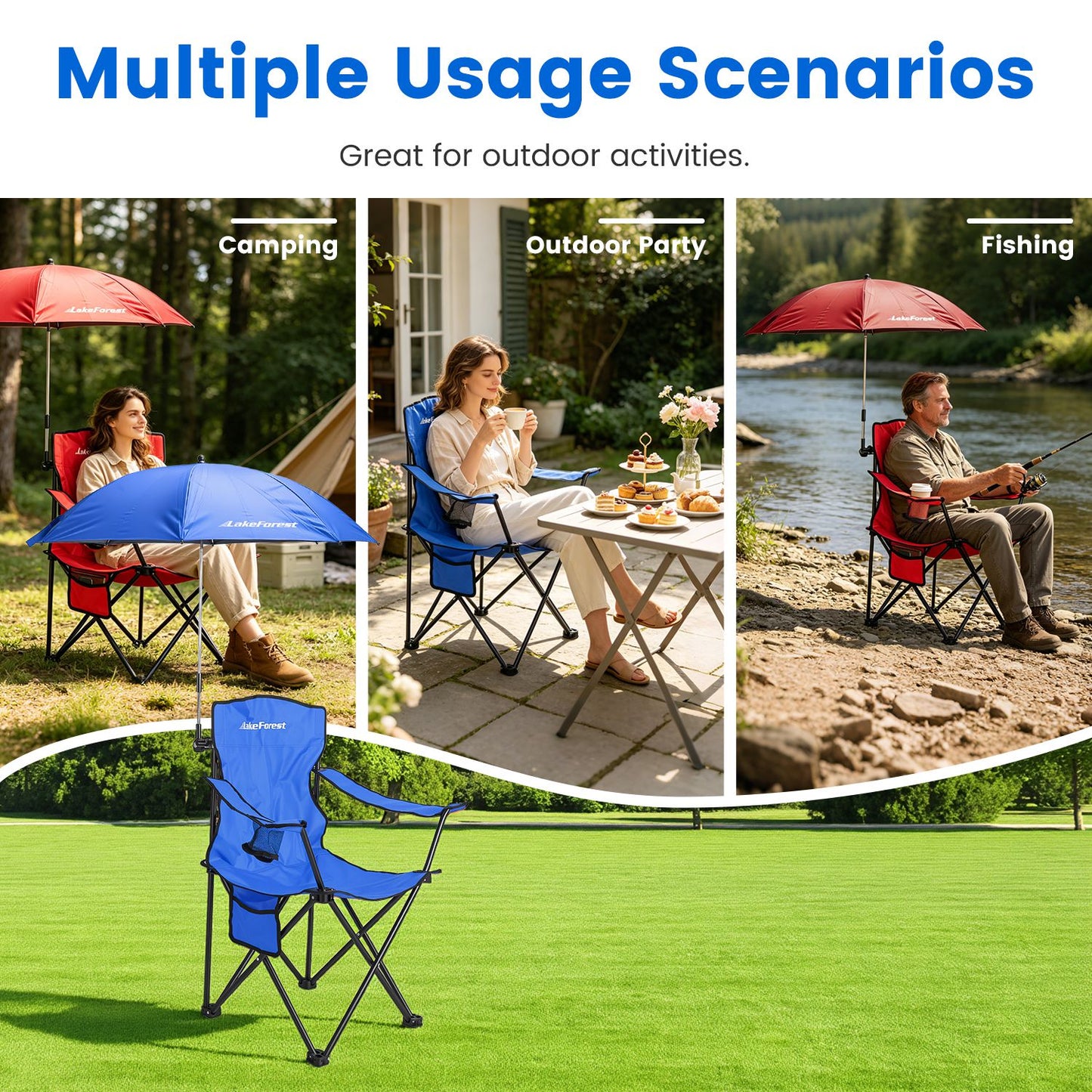 Lake Forest Royal Blue Foldable Camping Chair with Detachable Umbrella