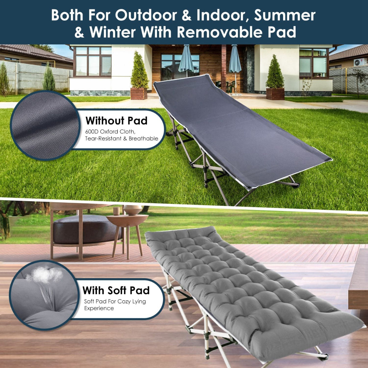 Folding bed with and without a soft pad, shown outdoors and indoors.