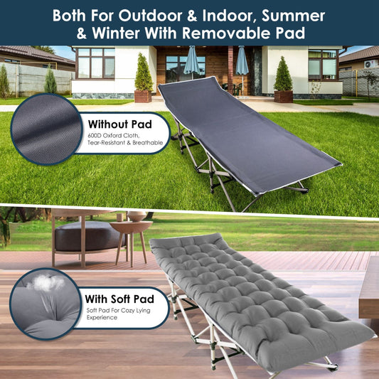Folding bed with and without a soft pad, shown outdoors and indoors.