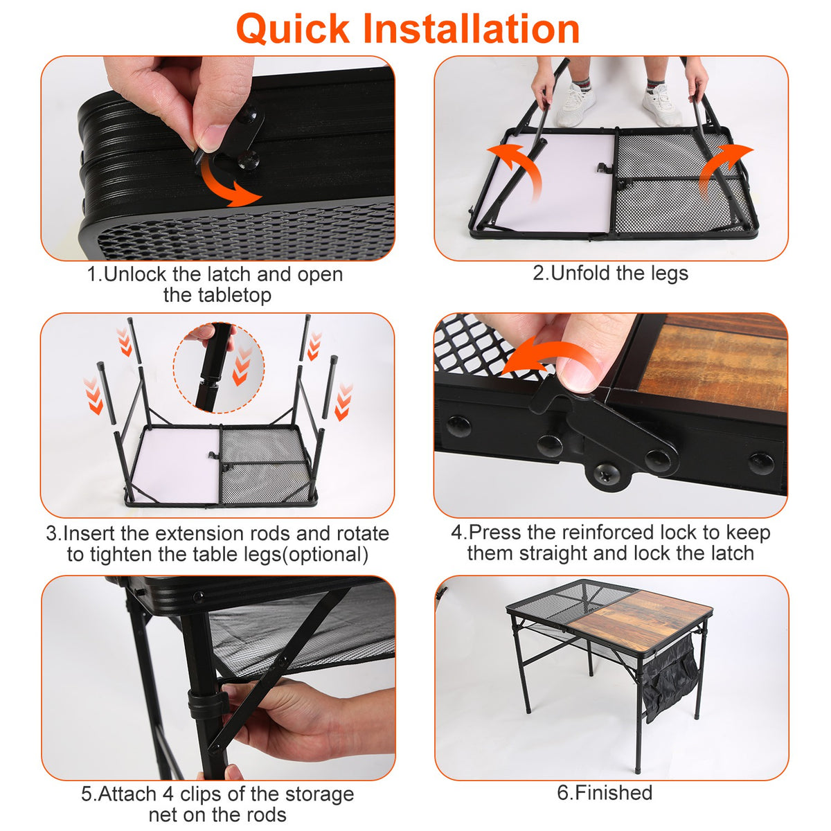 Step-by-step guide on how to quickly install a portable table with images and text instructions.