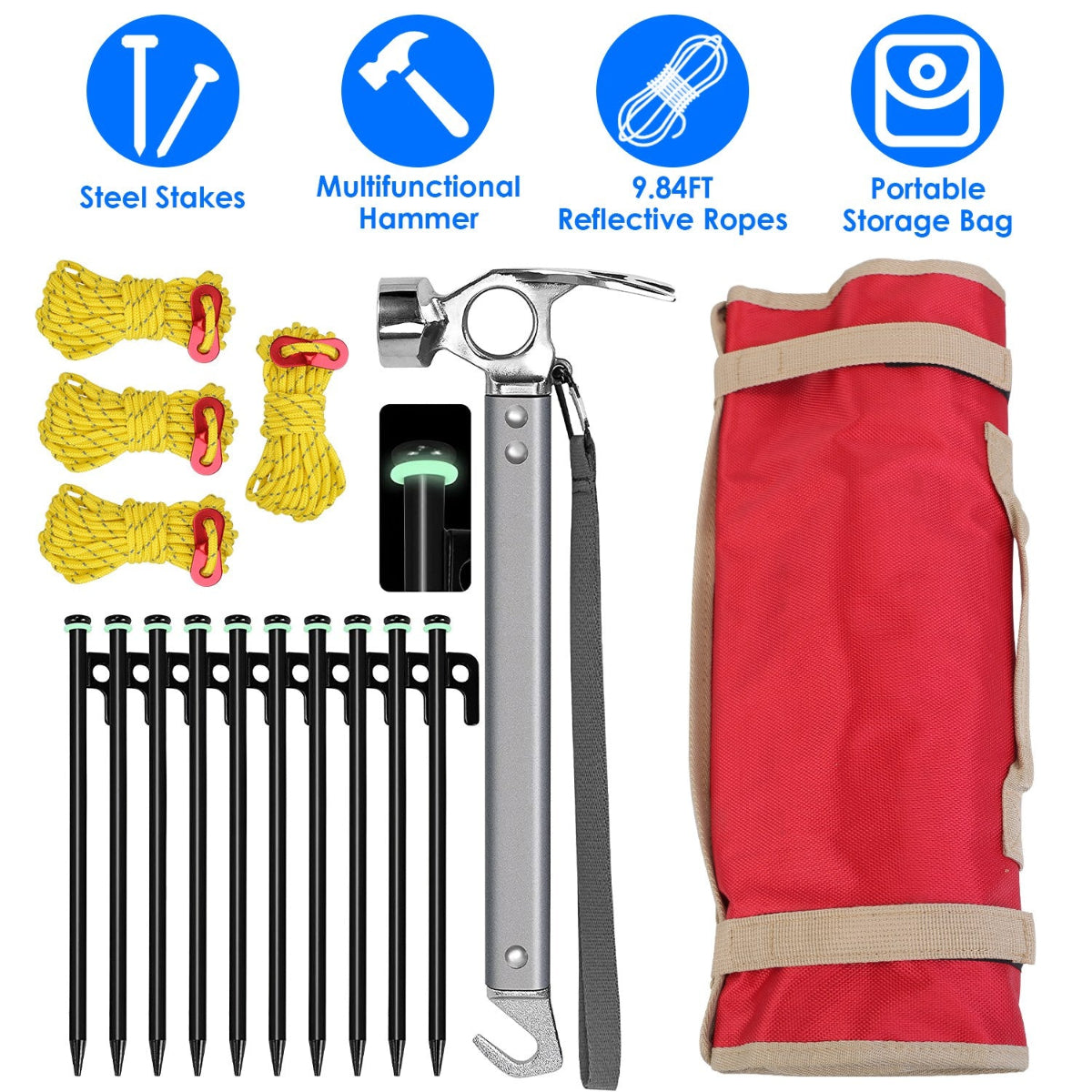 Outdoor survival kit with steel stakes, multifunctional hammer, reflective ropes, and storage bag on a white background.