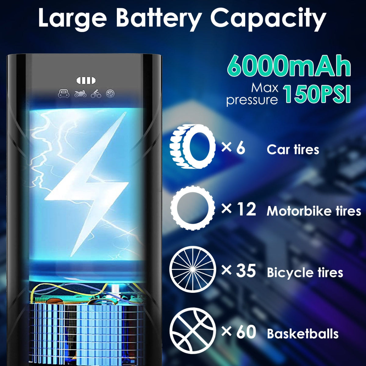 Tire inflator with large battery capacity display, showing tire充气量 and pressure range.