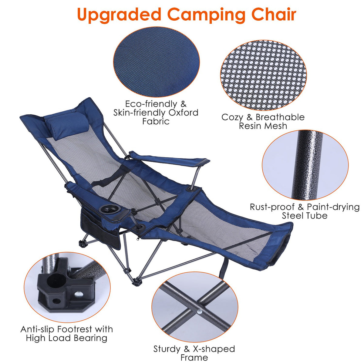 Upgraded camping chair with features highlighted on a white background