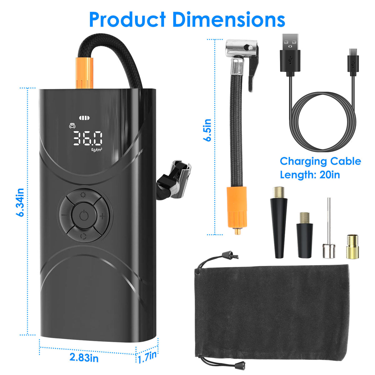 Product dimensions of a digital air compressor with accessories on a white background