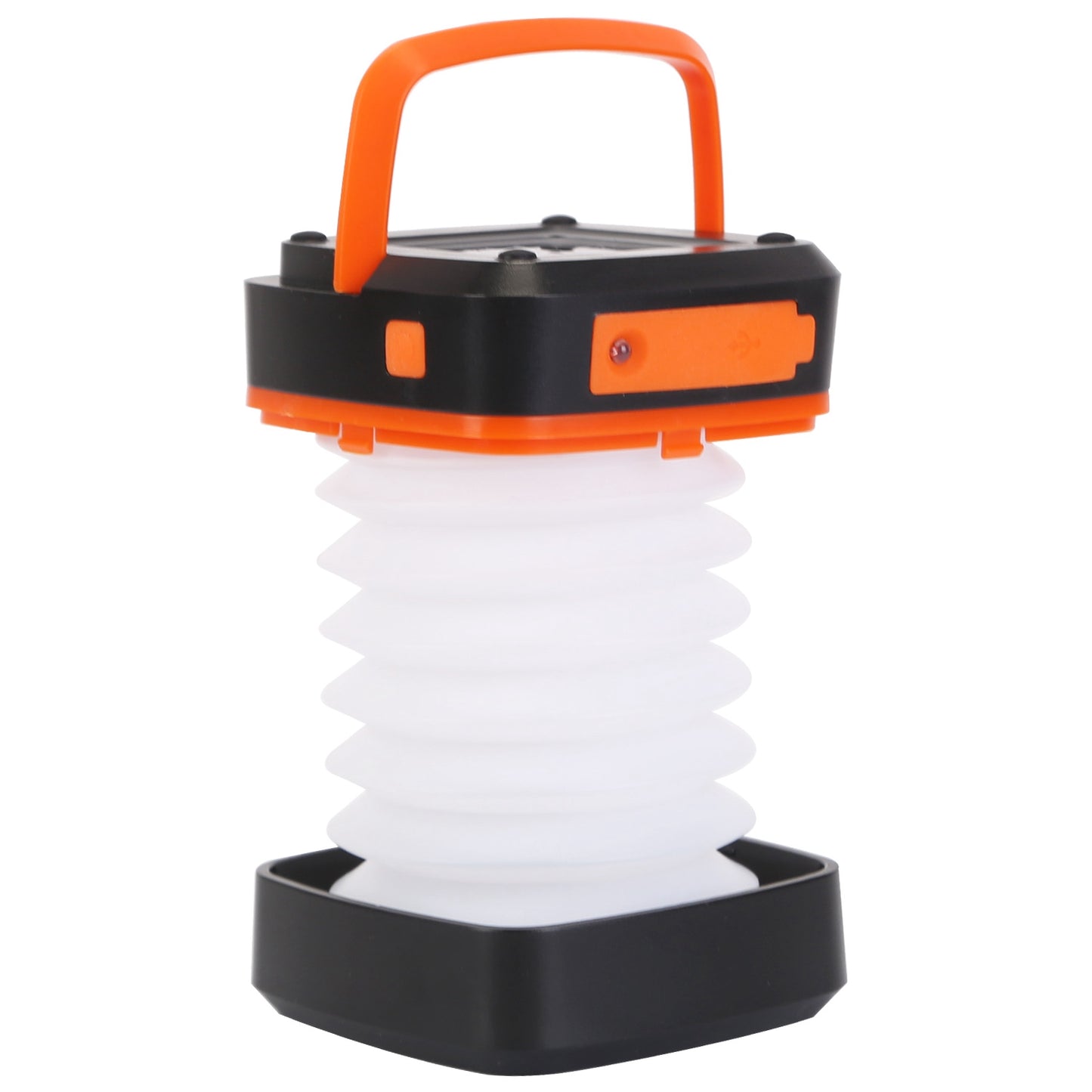 Camping lantern with orange handle and accents on a white background