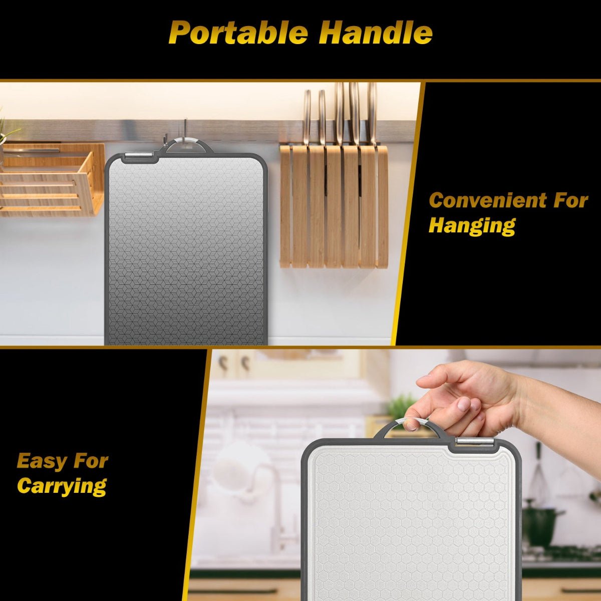 Cutting board hanging by built-in handle beside kitchen knives