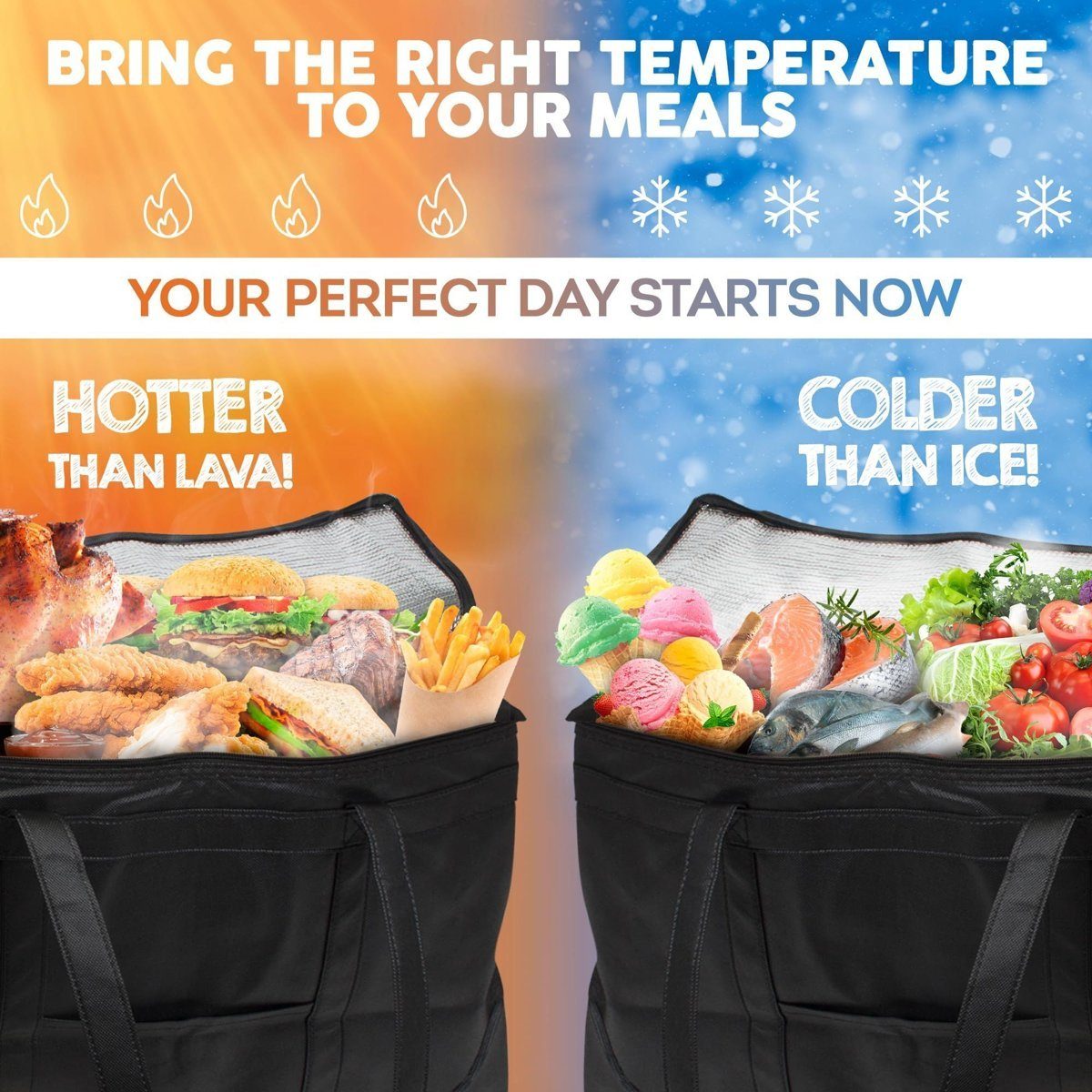 2-Pack Insulated Food Delivery Bags (11 × 8 9 in) - Zippered, Hot/Cold — black, bags, back view