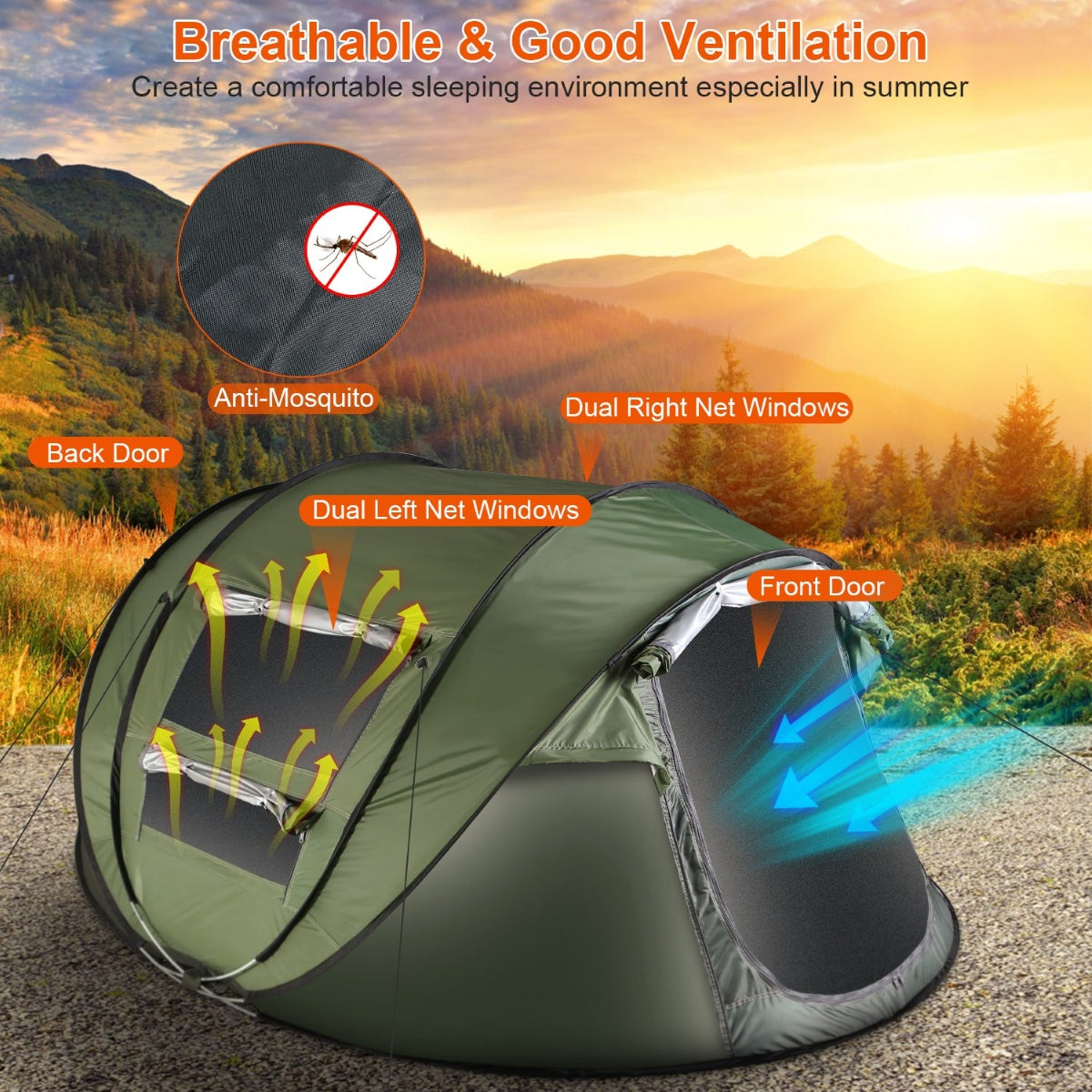Pop-up tent shown outdoors highlighting window openings and overall structure