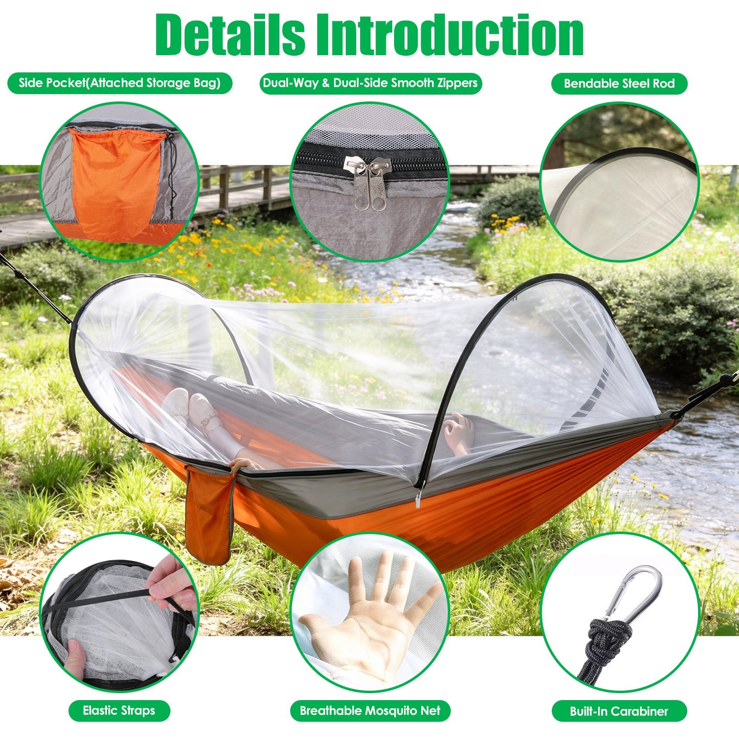 Lake Forest 3-in-1 Camping Hammock with Mosquito Net – Orange/Grey