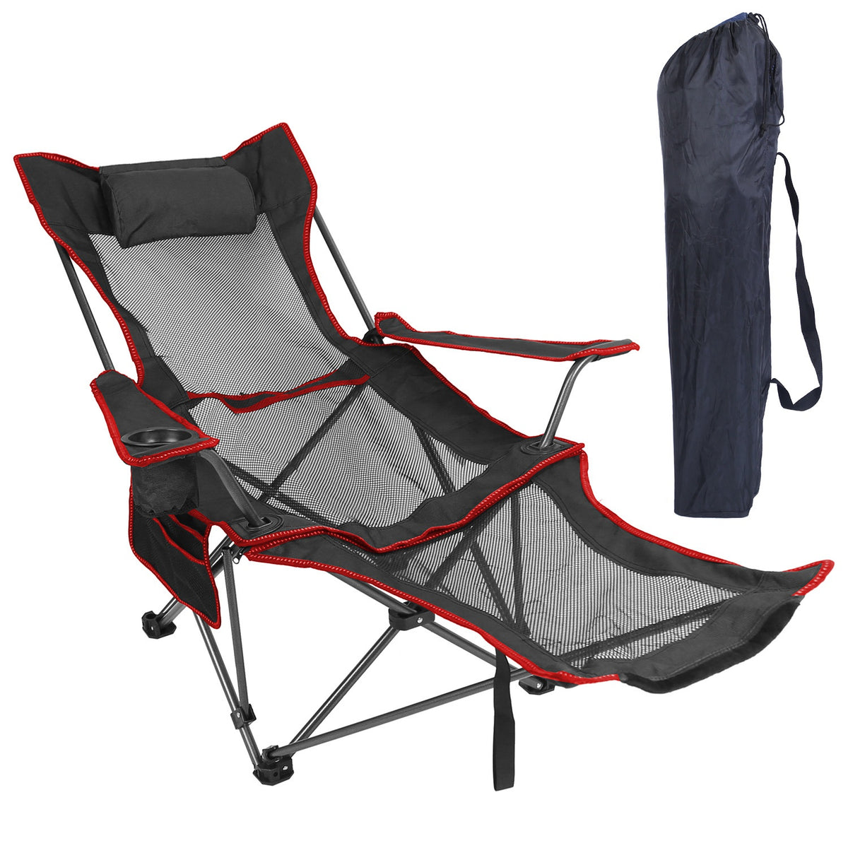 Foldable camping chair with red accents and a carrying bag on a white background