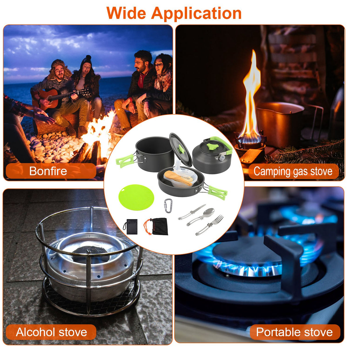 Collage of people around a bonfire, camping gas stove, alcohol stove, and portable stove with cooking utensils.