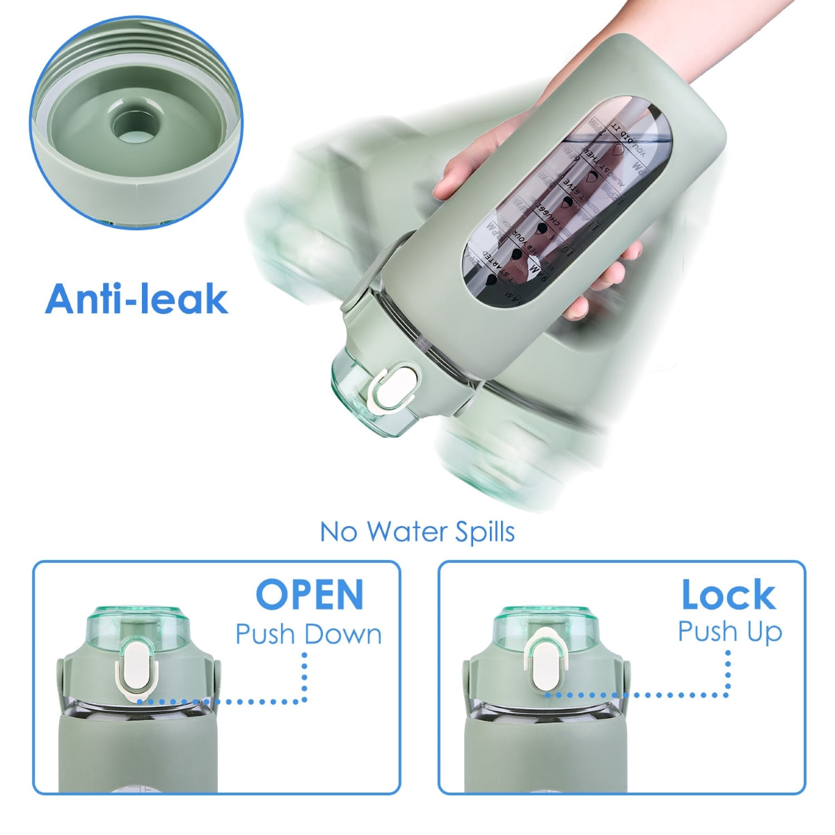 Hand holding green water bottle with anti leak lid and lock mechanism