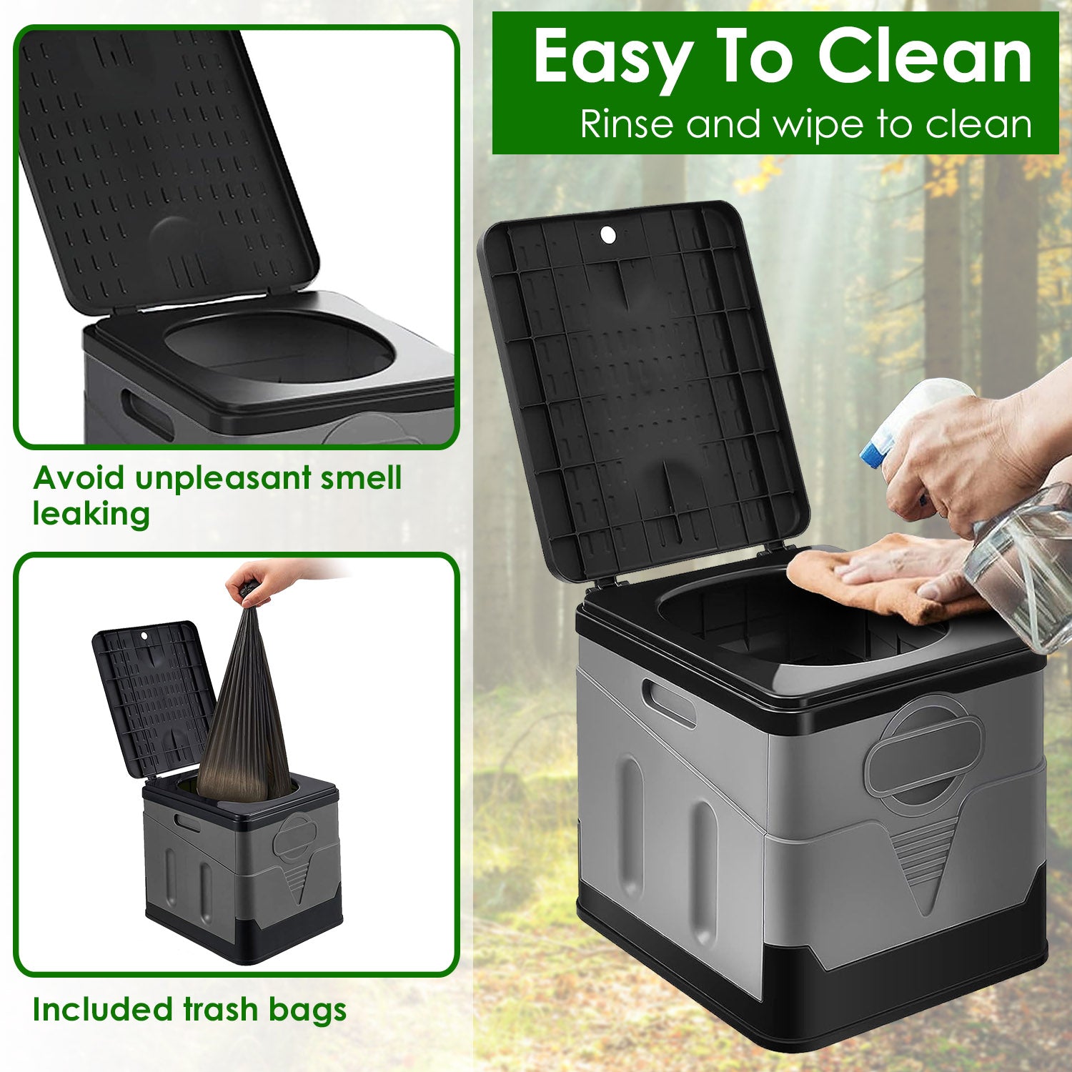 Portable toilet with cleaning instructions and trash bag feature on a natural background