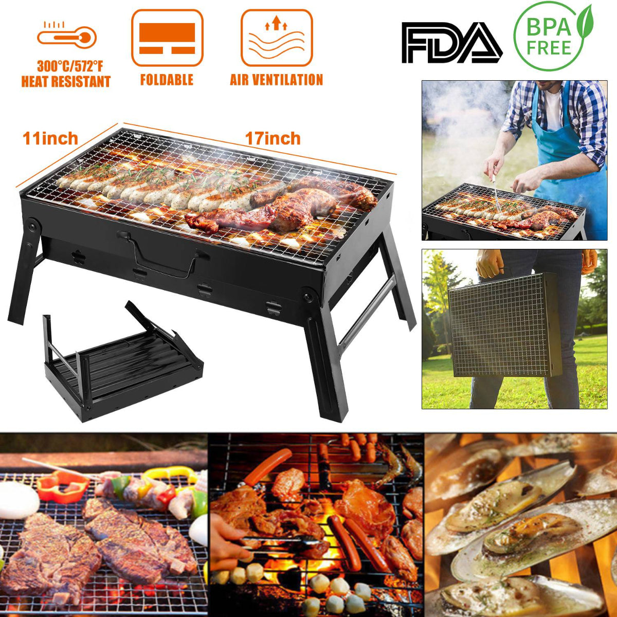 Collage of a portable grill with cooking images and product details.