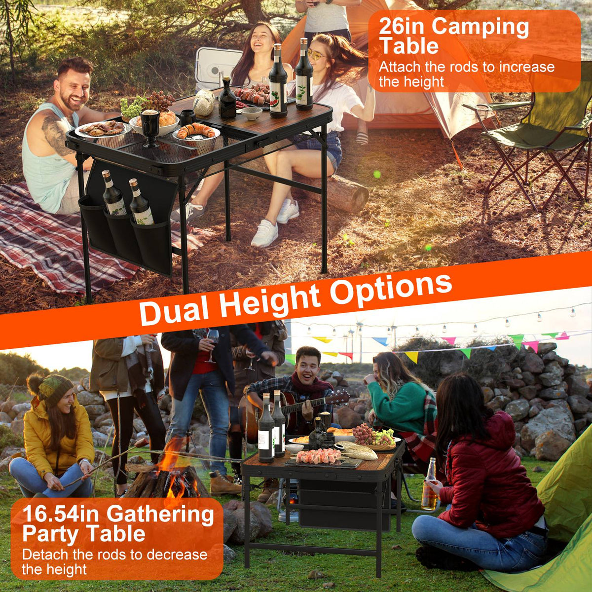 Camping table with dual height options being used by people in outdoor settings.