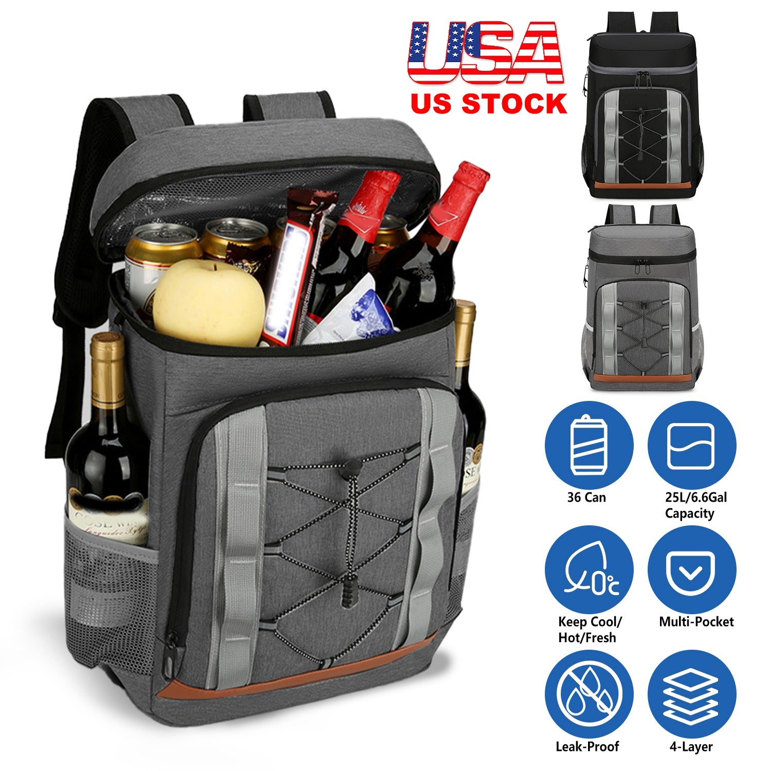 Gray backpack cooler with food items and drinks, featuring US Stock text and product details.