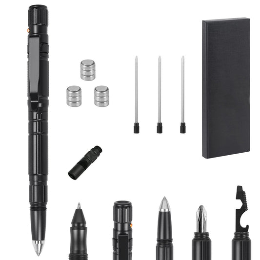 Black tactical pen with multiple components on a white background