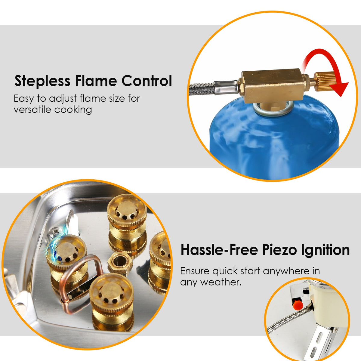 The close-up shows the gas stove’s flame control and ignition system, highlighting how easily the flame size can be adjusted and how hassle‑free the piezoelectric ignition is.