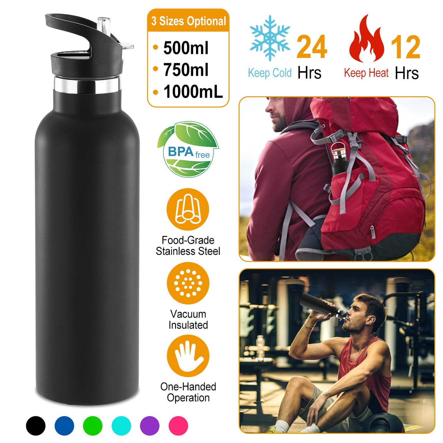 Black insulated water bottle with features and usage scenarios displayed.