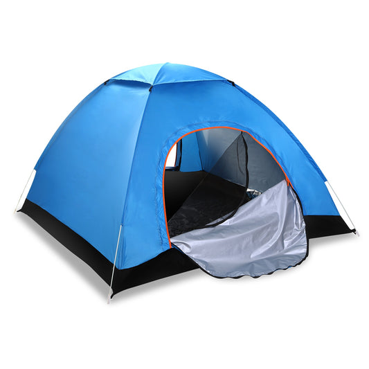 A blue and black dome camping tent with an open front door, shown on a clean white background.