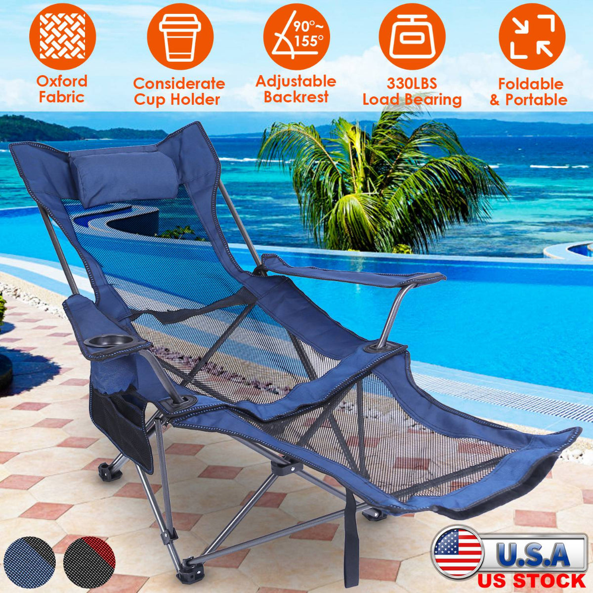 Foldable lounge chair with cup holder by a pool, featuring Oxford fabric and adjustable backrest.