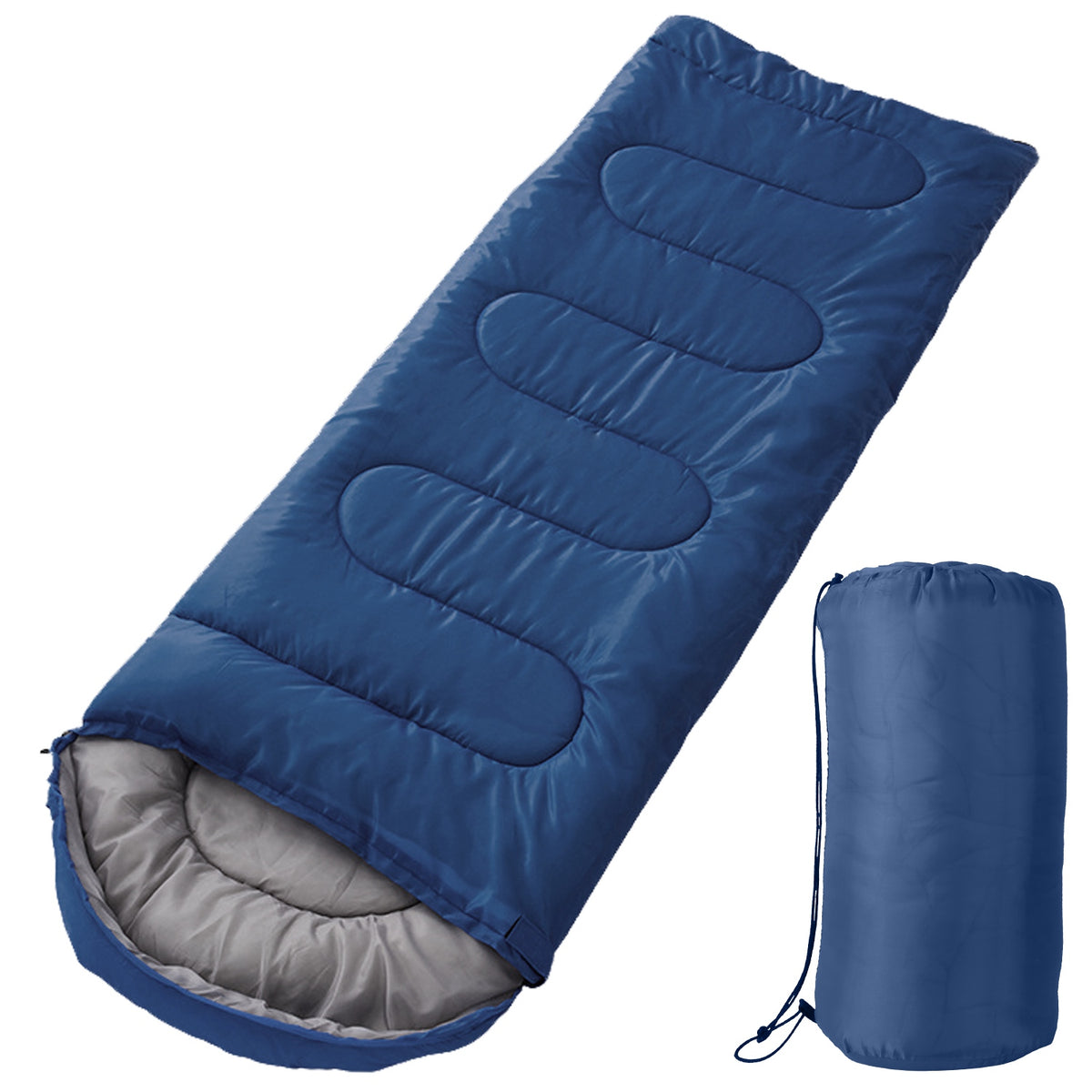 Blue sleeping bag with its carrying bag on a white background