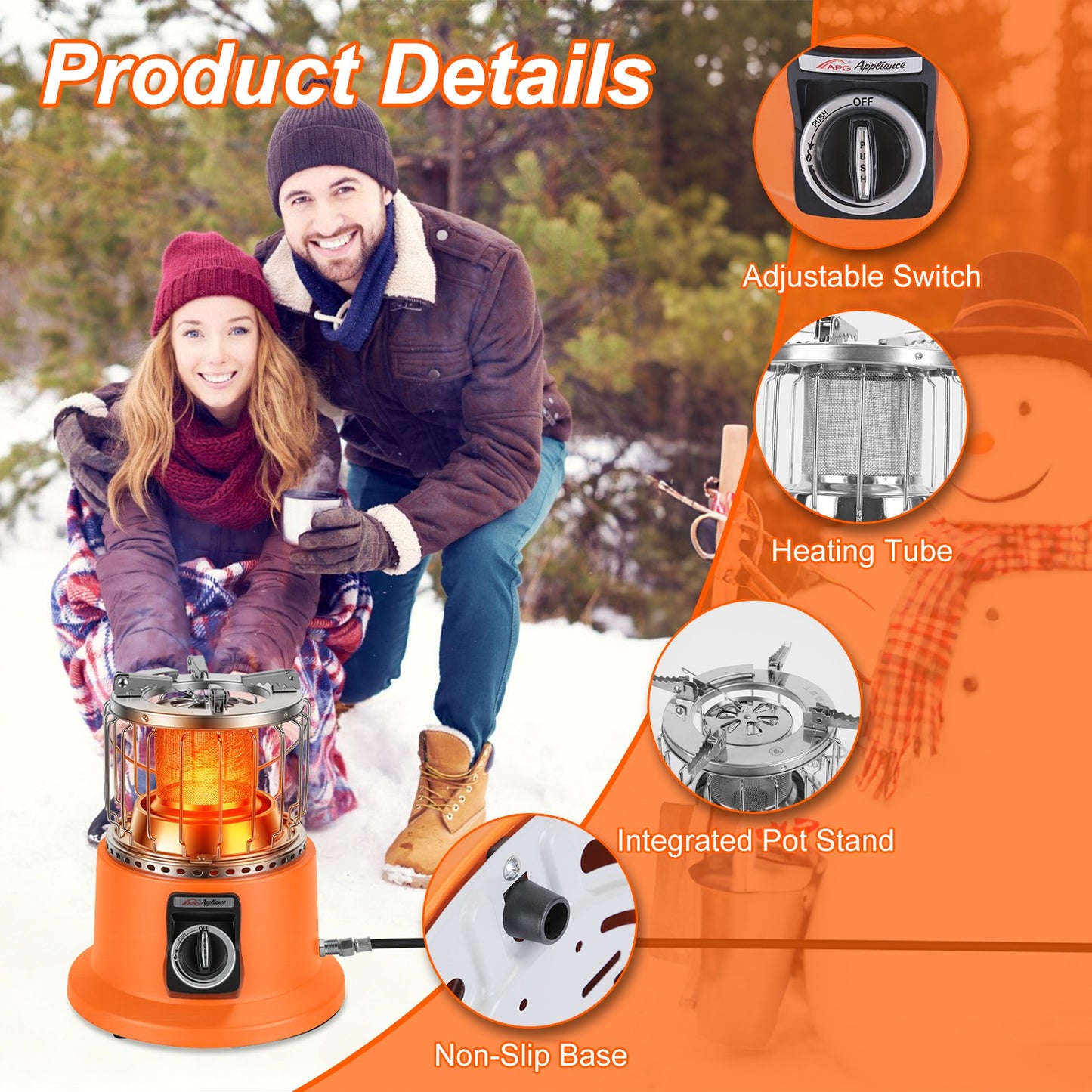 Two people using a camping stove in the snow with product features highlighted.