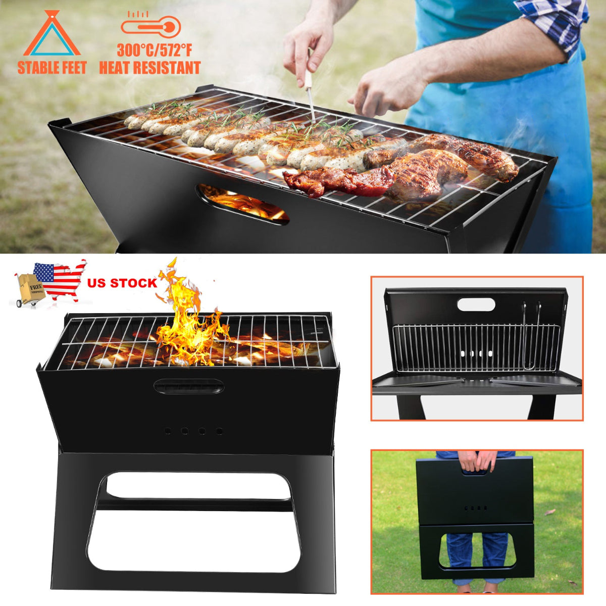 Black portable grill with food being cooked, showing stable feet, heat resistance, and US stock status.